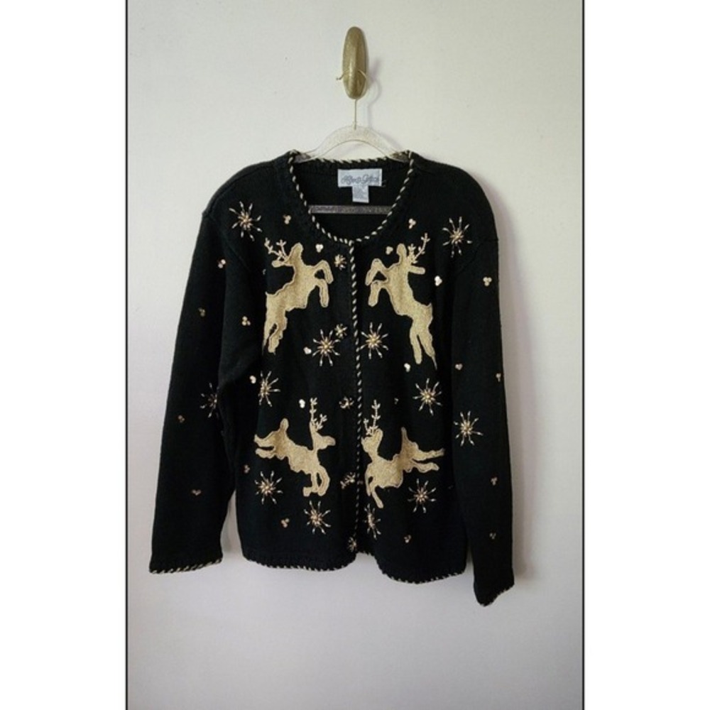 Vintage Christmas Cardigan Reindeer Beading Decorative Buttons‎ Black Gold Party